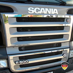 Listwy ozdobne ze stali nierdzewnej na grill Scania R z emblematem V8