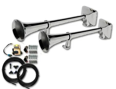 Zestaw klaksonów pneumatycznych HADLEY 48 cm i 56 cm – chromowane, okrągłe, z elektrozaworem 24V i pełnym zestawem montażowym Image 1