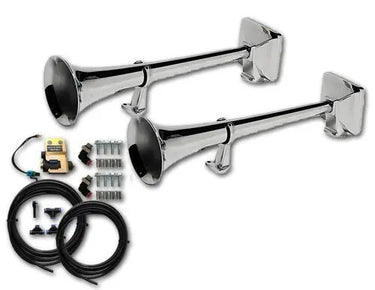 Zestaw sygnałów pneumatycznych HADLEY 2×56 cm – chromowane, okrągłe, z elektrozaworem 12/24V i pełnym zestawem montażowym Image 1