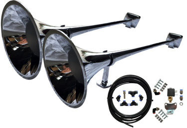 Zestaw sygnałów pneumatycznych HADLEY 2x95 cm – chromowane, okrągłe, z elektrozaworem 24V | Najpotężniejszy dźwięk w klasie premium Image 1