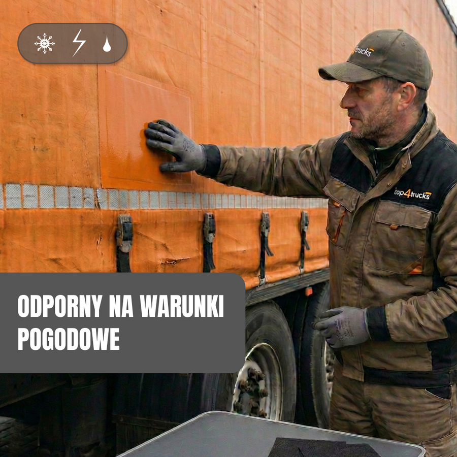 Kierowca nakleja łatę R-Plast na plandekę naczepy