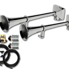 Zestaw klaksonów pneumatycznych HADLEY 48 cm i 56 cm – chromowane, okrągłe, z elektrozaworem 24V i pełnym zestawem montażowym Image 1
